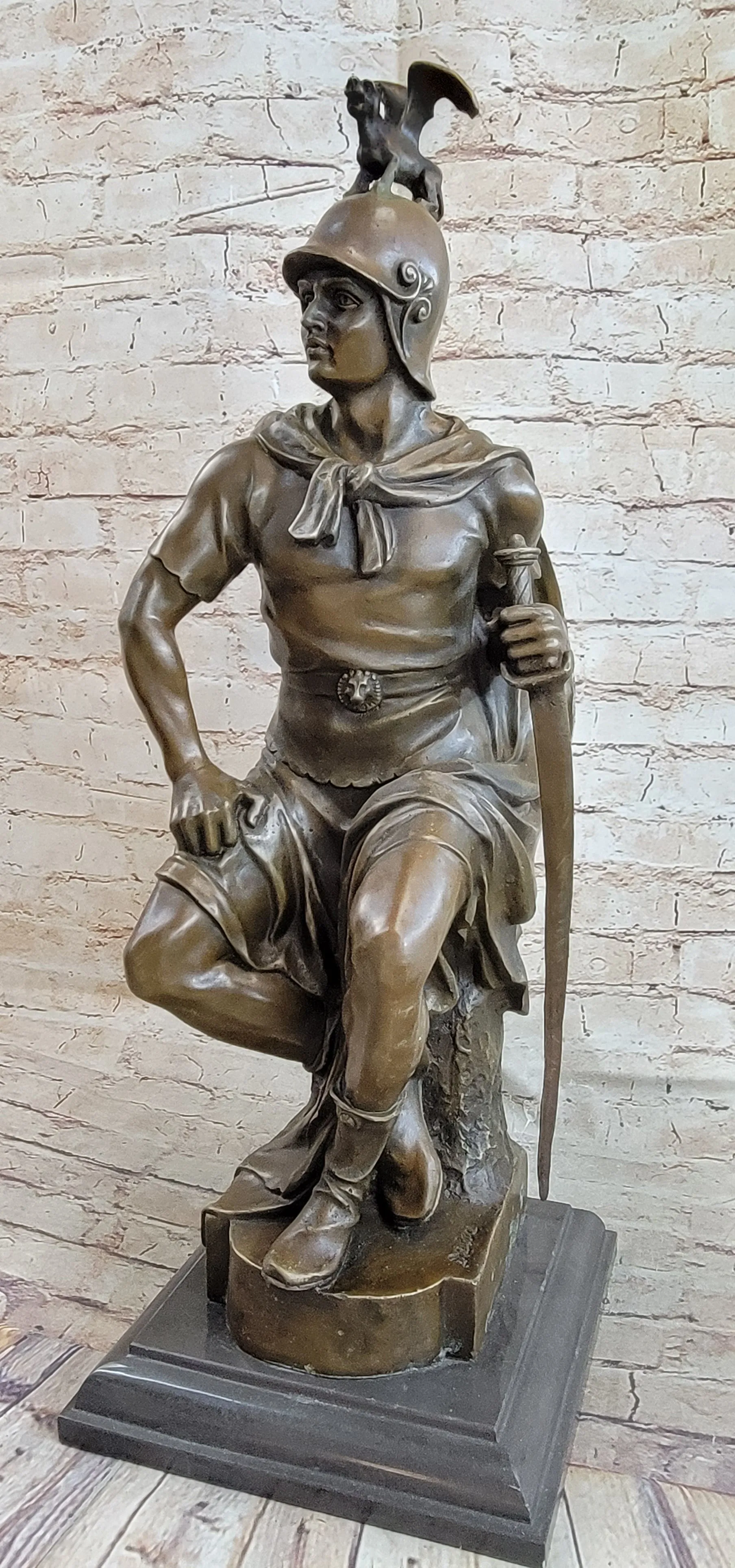 King Arthur Seated Ancient Warrior w/ Sword & Griffon Helmet Bronze Statue Sculpture Decor